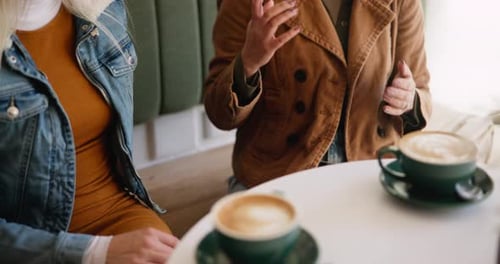 Hands, women and friends with coffee at cafe for social meeting, reunion connection