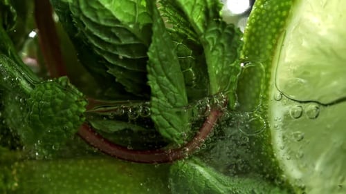 Lime and Mint Beverage with Bubbles Close Up