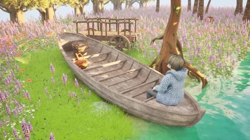 Boy Sitting On A Wooden Boat Near River Floral Landscape : Lofi Animation
