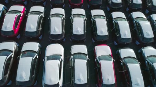 Aerial View of New Cars Parked in Car Parking Lot Car Dealer Parking Lot Full of New Automobiles New