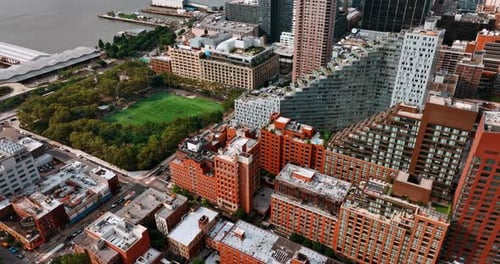 USA building touristic city. American downtown new york aerial view.