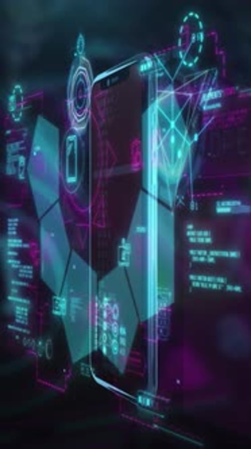 Futuristic Smartphone HUD with Neon Data Display