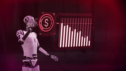 An AI Robot Works With A Virtual Chart Of Falling Dollar Quotes