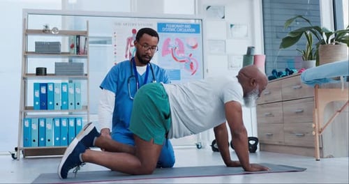 Rehabilitation, stretching legs or nurse with senior man for exercise, fitness