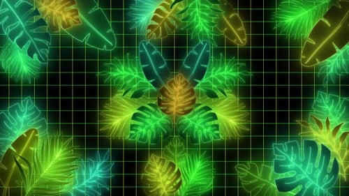 Glowing Neon Tropical Leaves and Grid Pattern Background
