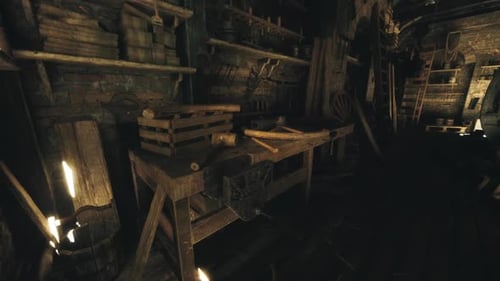 Workshop Filled with Tools and Shadows in an Old Building