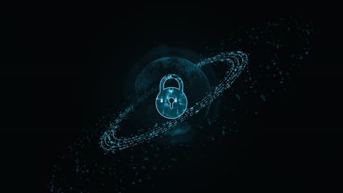 Blue security key logo with particle ring circle rotation and earth with ai technology icons