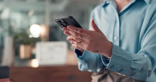 Cellphone, hands and businesswoman in office with contact, communication or email on mobile app