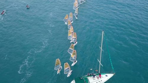 Wind surfing race starting line, Aerial view