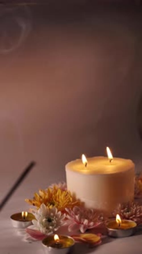 Candles and Flowers with Incense Stick Still Life