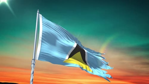 Realistic Saint Lucia Flag Waving Against Dynamic Sky Loop