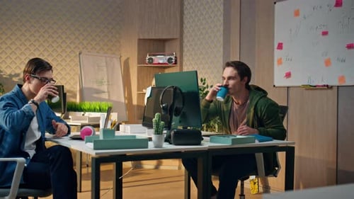 Business Colleagues Enjoying Coffee Break Office Freelancers Working Computers