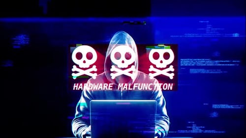 Hacker with Laptop Showing Glitch Hardware Malfunction Warning