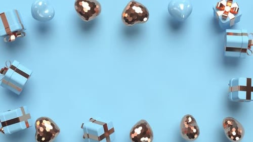 Random rotating gold and blue 3d hearts with gift boxes.