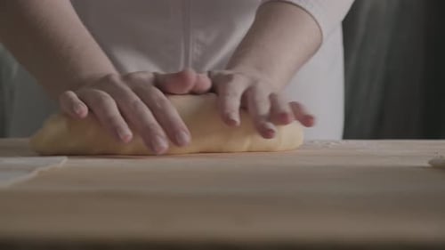 Woman Hands Close Up Kneading Dough on Floured Table Making Fresh Home Made Bread Bakery Shop