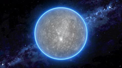 Glowing Realistic Mercury planet Rotates on space or galaxy and stars milky way. 2149