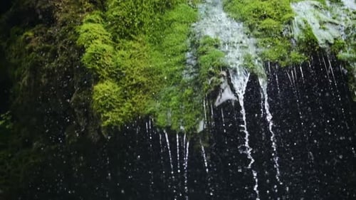 Slow motion waterfall splash close-up, spring water drops and sways on green moss covered rocks.4K.