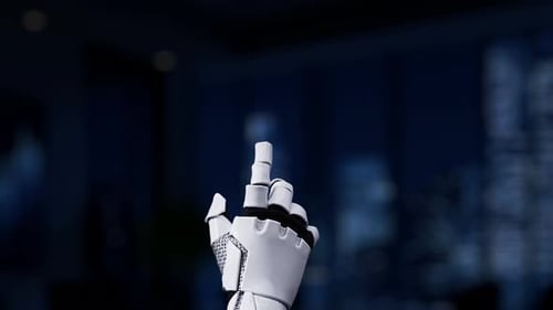 Futuristische Roboterhand interagiert mit datengesteuerten Technologiegrafiken und Infografiken in der Wirtschaft