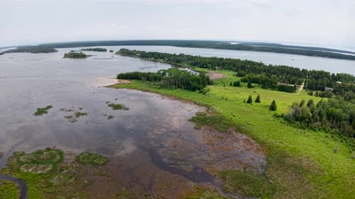 Aerial drone view of a marshy lakeshore with wetlands, grassy patches, and open water under cloudy