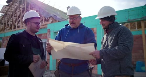 Gruppe von drei Bauarbeitern untersucht Baupläne auf der Baustelle und diskutiert