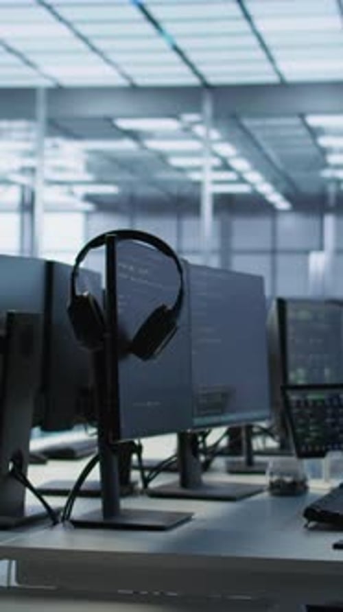 Vertical Video Close Up of Coding Software on Tablet in Server Room