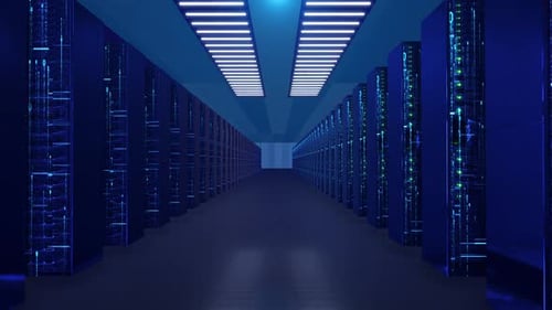 Futuristic Data Center Server Racks with Digital Information Flow