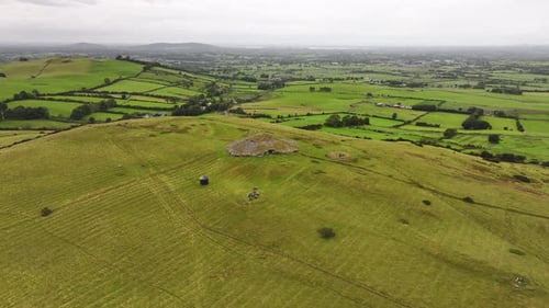 Birds eye view of Loughcrew Cairns historical tomb on hill. Prehistoric site from Neolith, Ireland