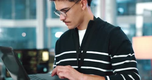 Laptop, business man and coding for software development, network or database update