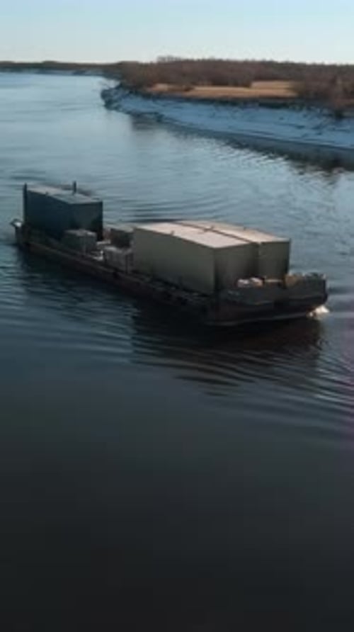 River Tow Pusher with Barge Clip Top View of Barge Floating with Cargo on River River Barge Pusher