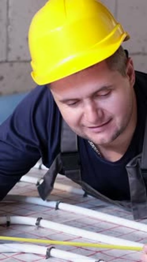 The Plumber Measures the Size of the Pipe Installation of Water Heating Vertical Video