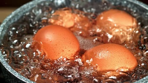 Super Zeitlupe Eier werden in einem Kochtopf gekocht
