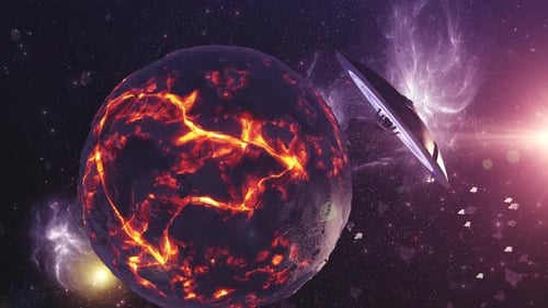 Riesiges Alien-Untertassen-Ufo in der Nähe des toten Planeten