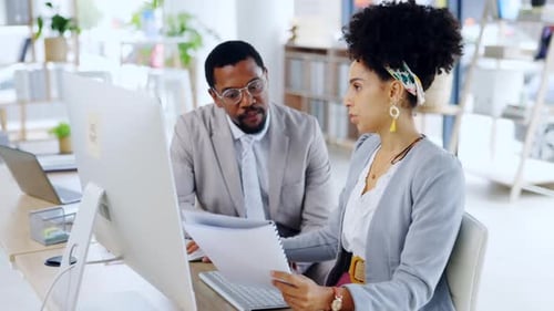 Business people, computer and documents in teamwork planning, corporate strategy