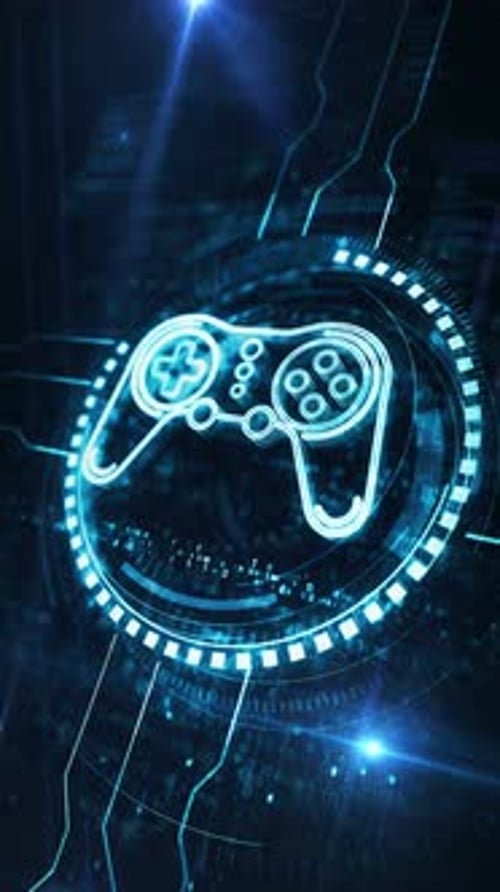Símbolo de mando y joystick para videojuegos, concepto digital, bucle vertical