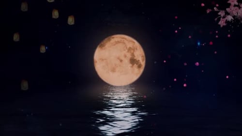 Full Moon Reflected on Water with Floating Lanterns and Cherry Blossoms