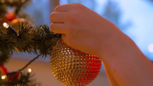 Decorating Christmas Tree with Ornaments at Home