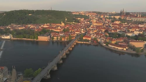 Prague, Czech Republic - Famous Charles Bridge (Karluv Most) Spanning the Vltava River - Aerial Dron