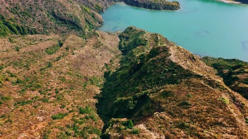 Volcanic Island Hills Drone View Picturesque Wild Nature Landscape at Seashore