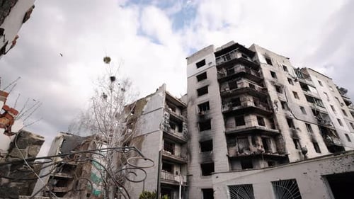 Damaged Building in Urban Post-Apocalyptic Landscape