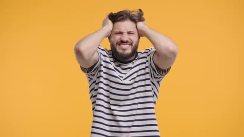 30S Aged Ill Man Having Headache Studio Portrait Guy Putting Hands On Head