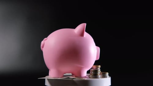 Saving Money in Pink Piggy Bank By Dark Backdrop
