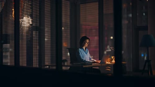 Night Employee Working Startup at Dark Corporate Office Hardworking Woman Busy