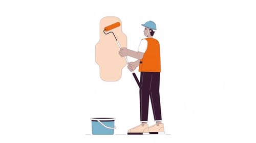 Hardhat Contratista pintando una línea de pared, animación de dibujos animados