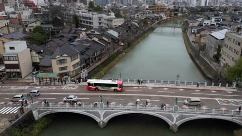 Aerial video of beautiful view of Kamu or Kamogawa river in Kyoto city, Japan