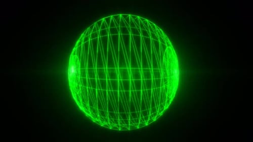 A glowing 3D grid sphere with intersecting neon green lines