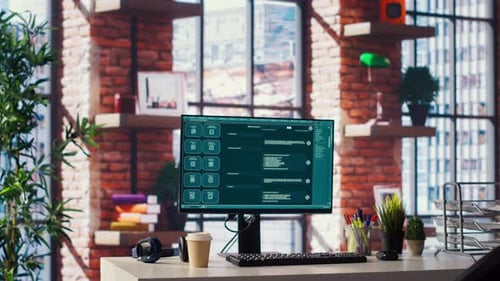 PC in Home Office with AI LLM Chatbot Answering Users