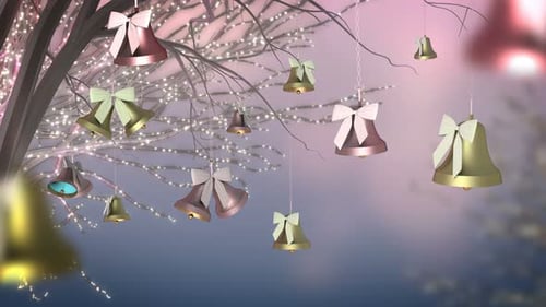 Festive Christmas Bells Hanging on a Twinkling Winter Tree