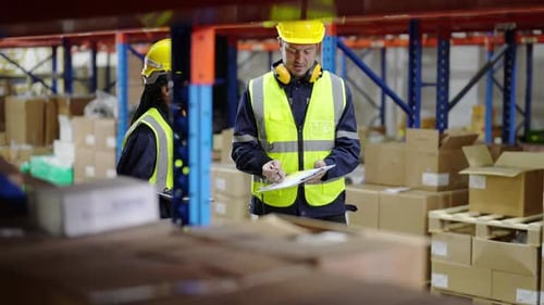 Warehouse Industrial and Logistics Companies. Dispatcher in uniform making inventory in storehouse.