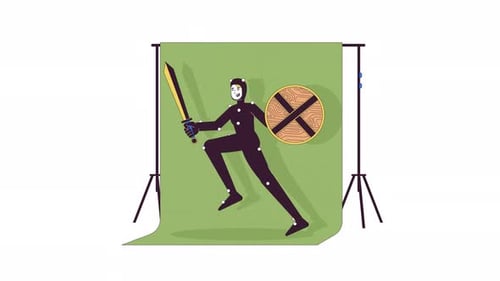 Motion Capture Warrior with Sword and Shield on Green Screen