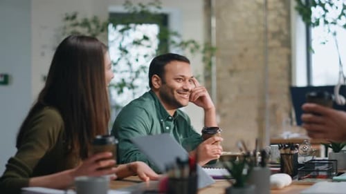 Corporate Staff Talking Coffee Break Sitting Morning Meeting Happy Office Team